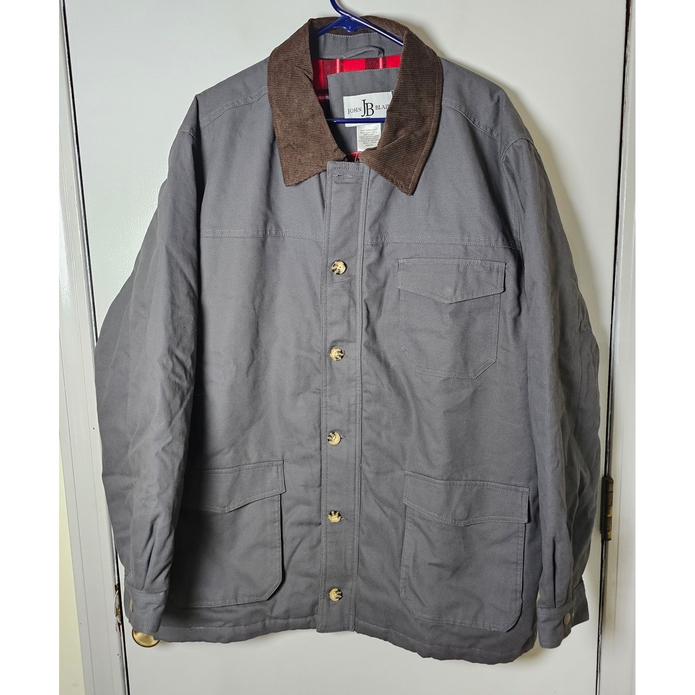 John Blair Mens XL Grey Canvas Field Jacket Corduroy Collar Plaid Lined NWOT